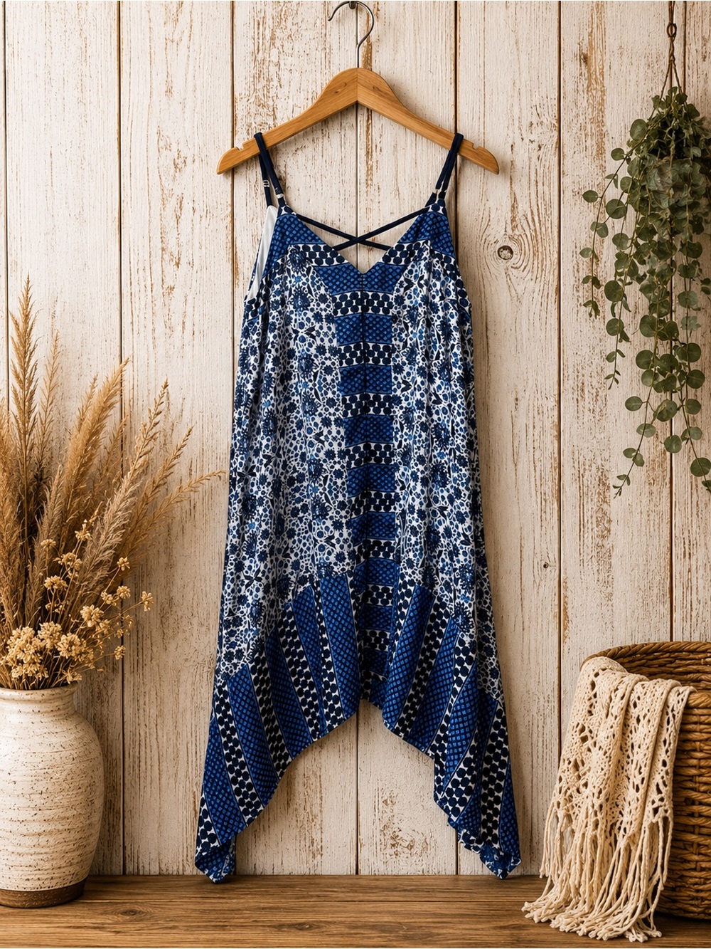 Anthropologie Adelyn Rae Blue‎ Boho Floral Handkerchief Dress Medium